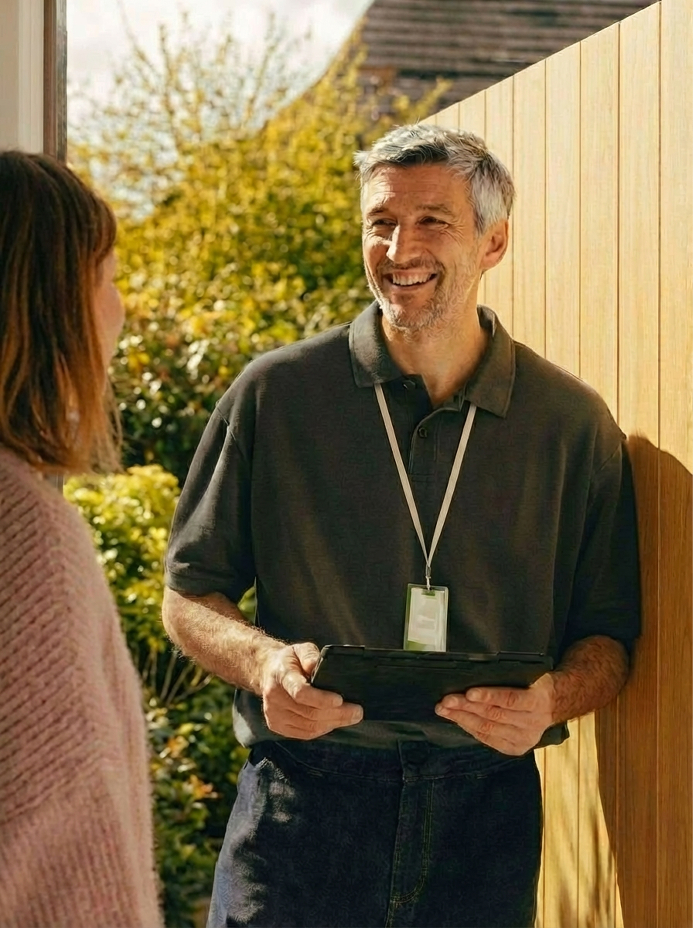 Artemis sales rep talking to a homeowner at the front door